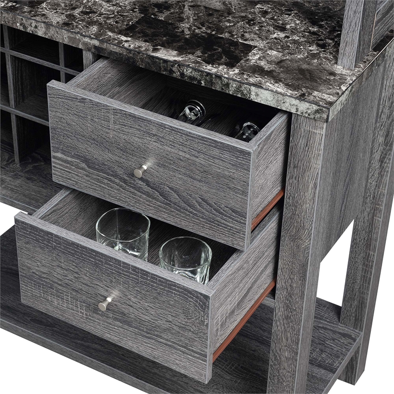 Pemberly Row Serving Bar in Faux Black Marble and Weathered Gray Wood Finish