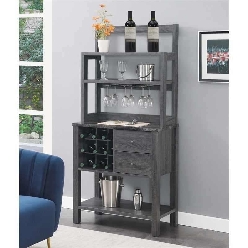 Pemberly Row Serving Bar in Faux Black Marble and Weathered Gray Wood Finish