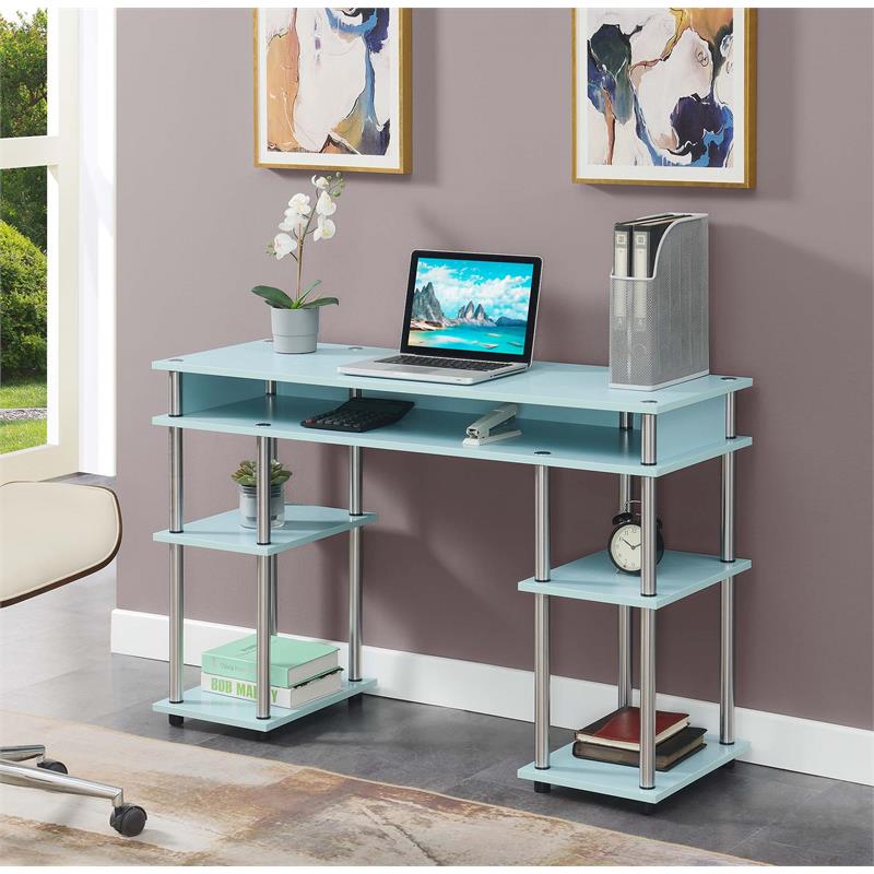 Pemberly Row No Tools Student Desk with Shelves in Seafoam Green Wood Finish