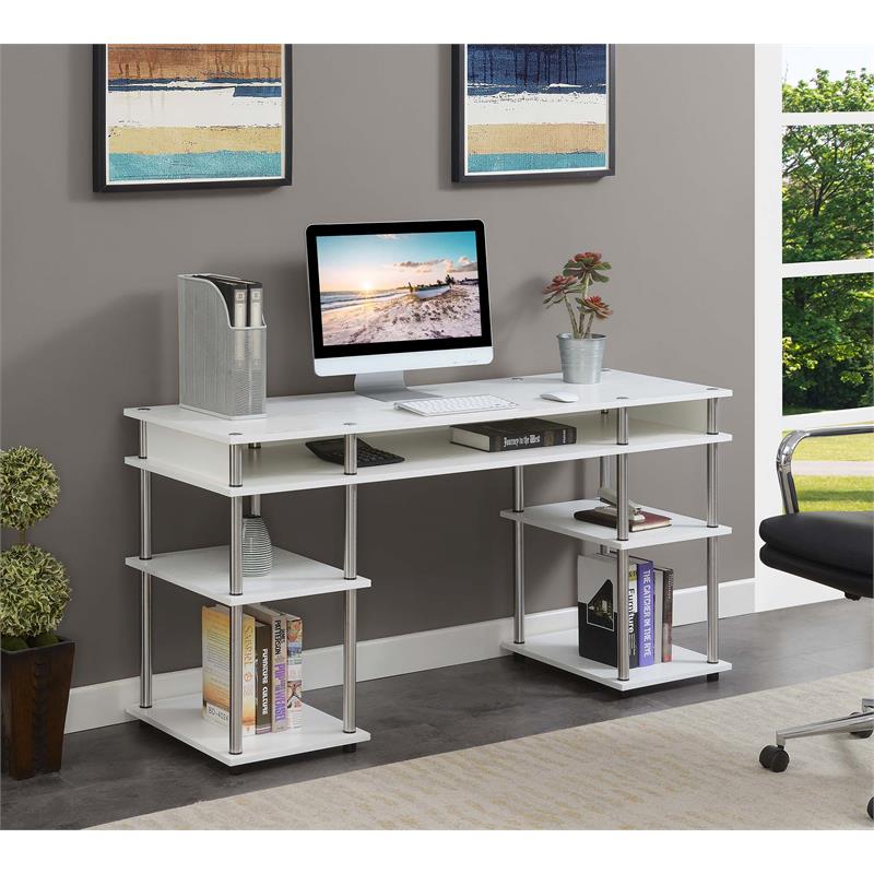 Pemberly Row No-Tools 60-inch Deluxe Student Desk with Shelves in White Wood