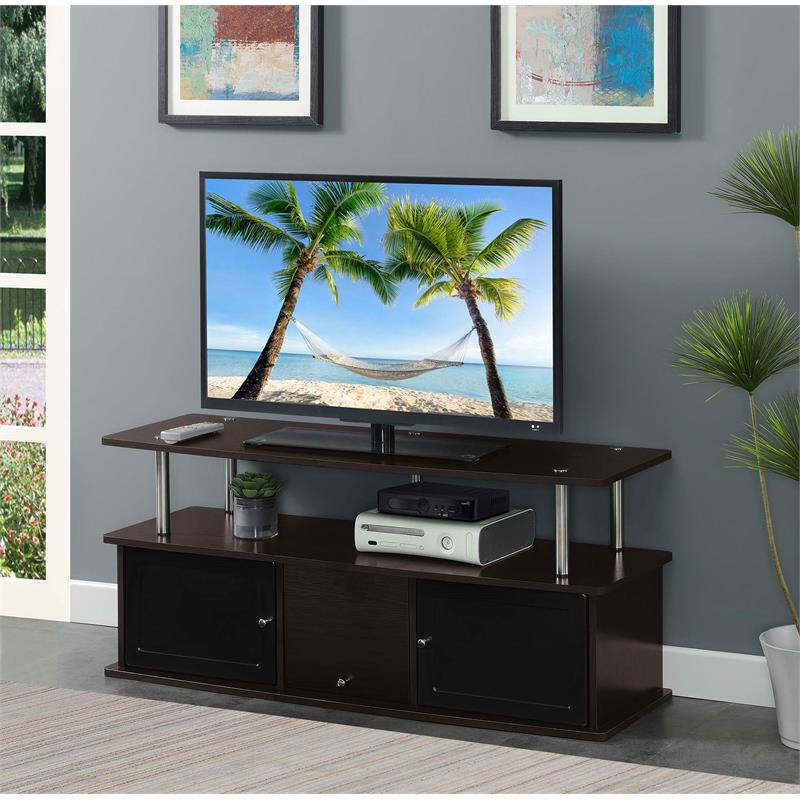 Pemberly Row TV Stand with Three Storage Cabinets and Shelf in Espresso Wood