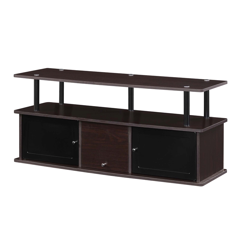Pemberly Row TV Stand with Three Storage Cabinets and Shelf in Espresso Wood