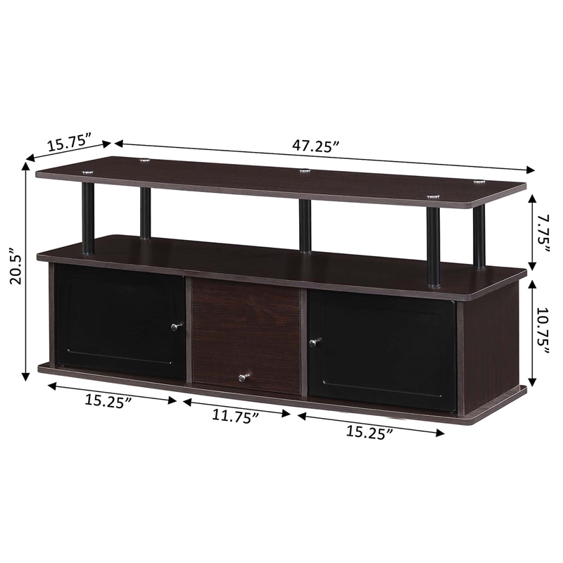 Pemberly Row TV Stand with Three Storage Cabinets and Shelf in Espresso Wood