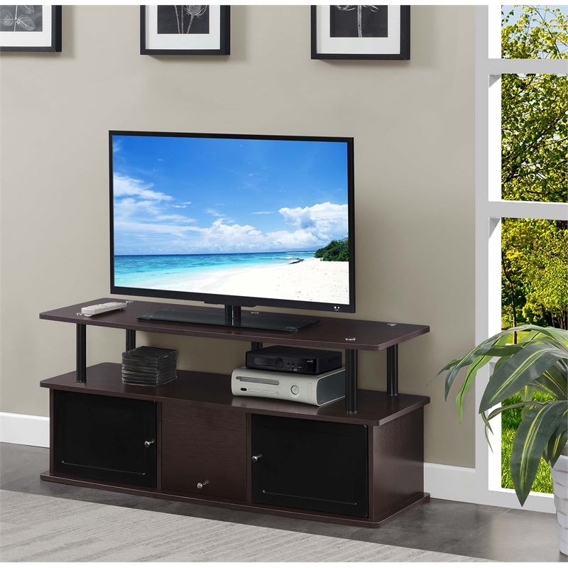 Pemberly Row TV Stand with Three Storage Cabinets and Shelf in Espresso Wood