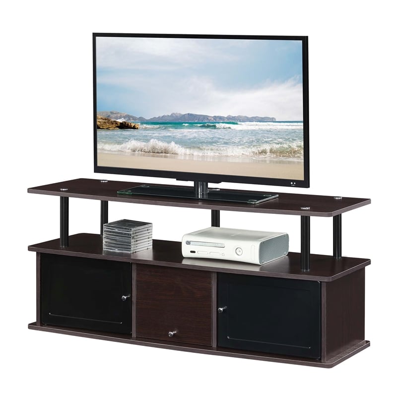 Pemberly Row TV Stand with Three Storage Cabinets and Shelf in Espresso Wood