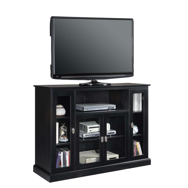 Pemberly Row TV Stand with Storage Cabinets and Shelves in Black Wood Finish