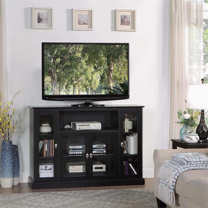 Pemberly Row TV Stand with Storage Cabinets and Shelves in Black Wood Finish