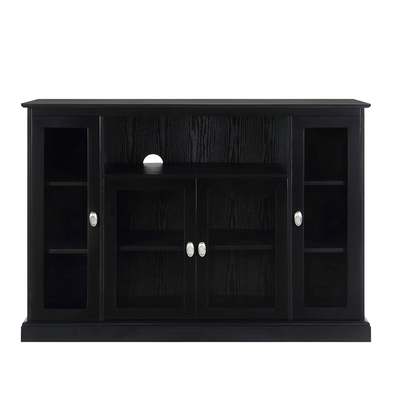 Pemberly Row TV Stand with Storage Cabinets and Shelves in Black Wood Finish