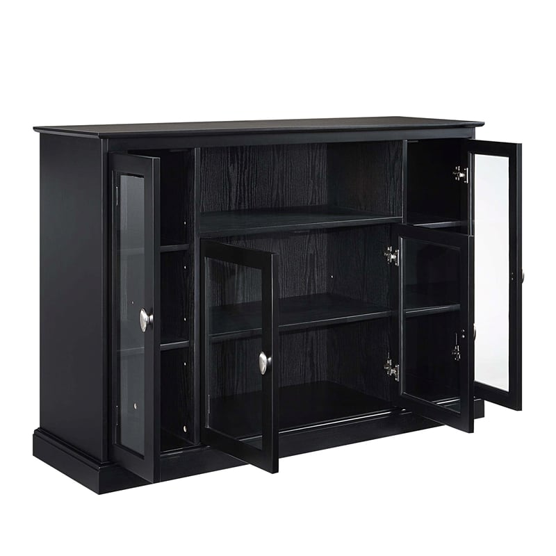 Pemberly Row TV Stand with Storage Cabinets and Shelves in Black Wood Finish
