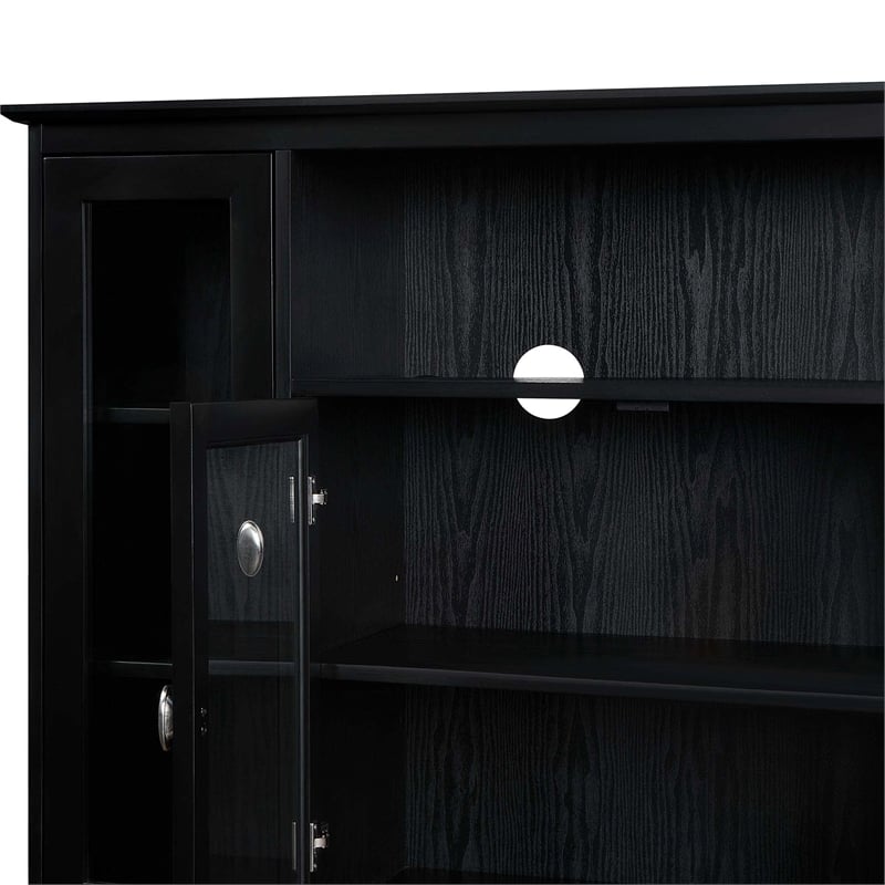 Pemberly Row TV Stand with Storage Cabinets and Shelves in Black Wood Finish