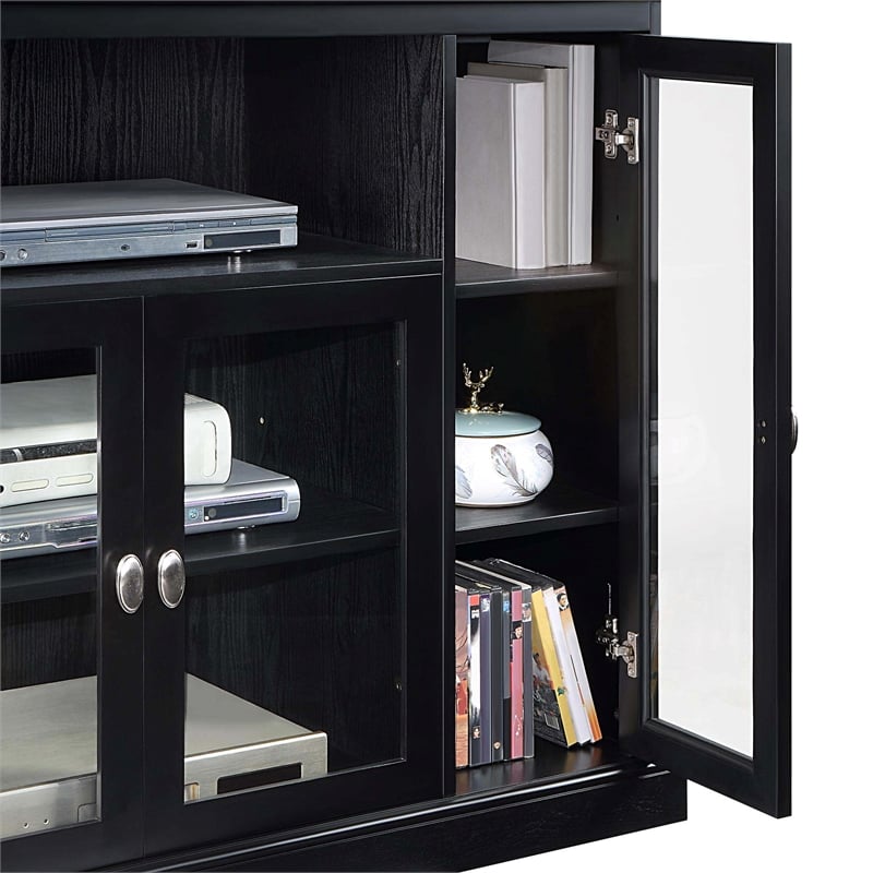 Pemberly Row TV Stand with Storage Cabinets and Shelves in Black Wood Finish