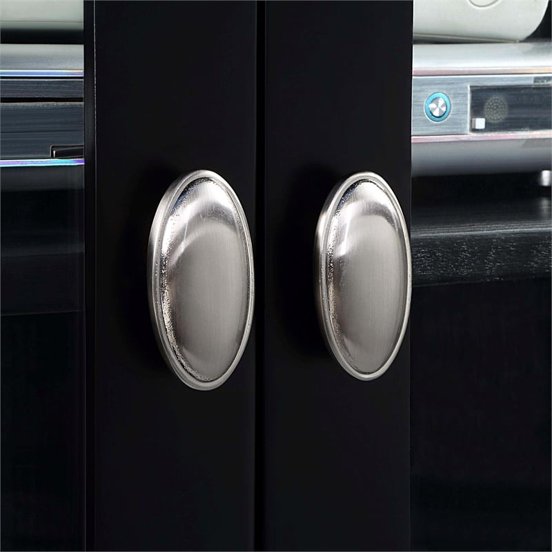 Pemberly Row TV Stand with Storage Cabinets and Shelves in Black Wood Finish