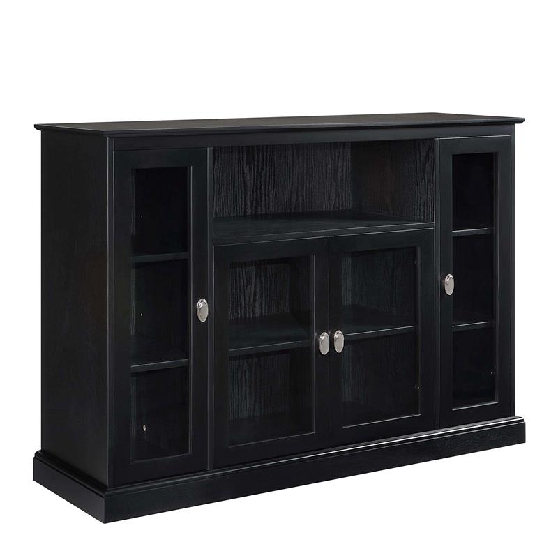Pemberly Row TV Stand with Storage Cabinets and Shelves in Black Wood Finish