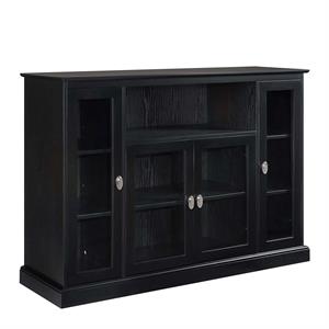 Pemberly Row TV Stand with Storage Cabinets and Shelves in Black Wood Finish