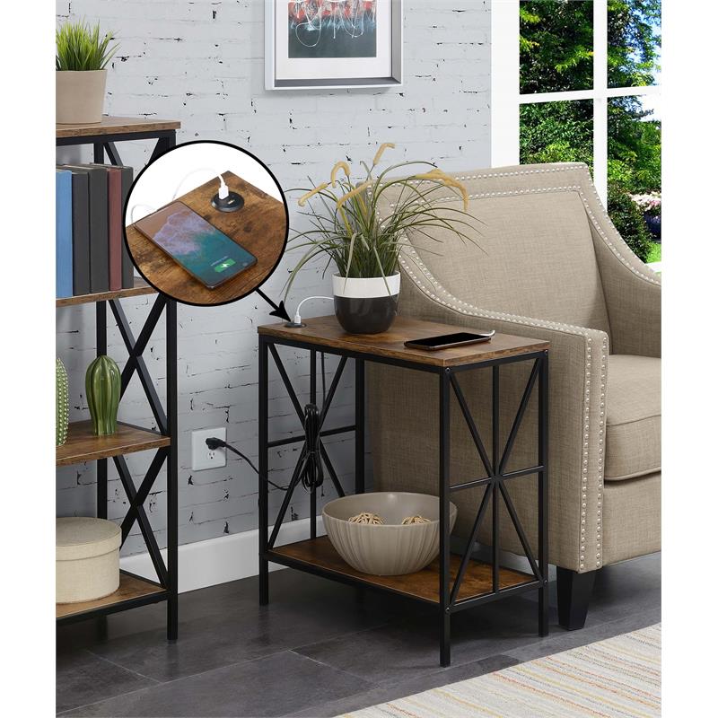 Pemberly Row Chairside End Table w/Charging Station and Shelf in Nutmeg Wood