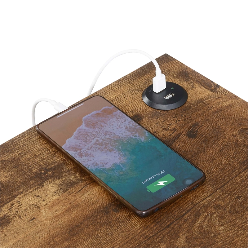 Pemberly Row Chairside End Table w/Charging Station and Shelf in Nutmeg Wood