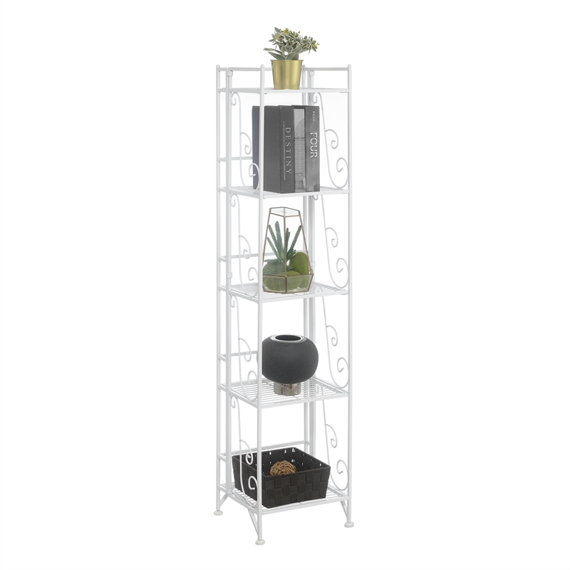 Pemberly Row Five-Tier Folding Metal Shelf with Scroll Design in White Metal