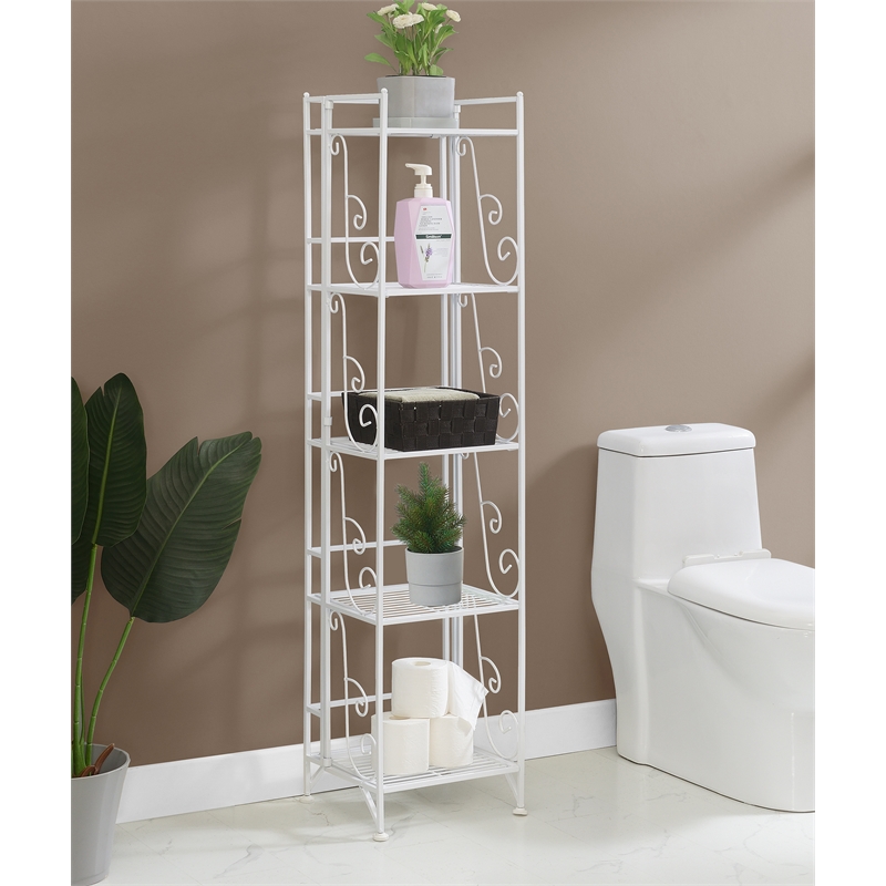 Pemberly Row Five-Tier Folding Metal Shelf with Scroll Design in White Metal