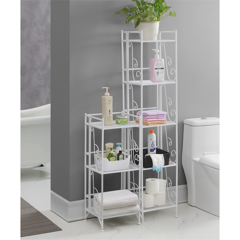 Pemberly Row Five-Tier Folding Metal Shelf with Scroll Design in White Metal