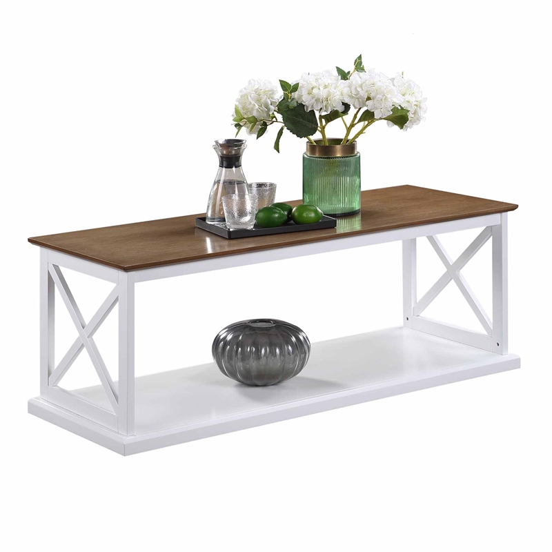 Pemberly Row Coffee Table with Shelf in White Wood Finish with Driftwood Top