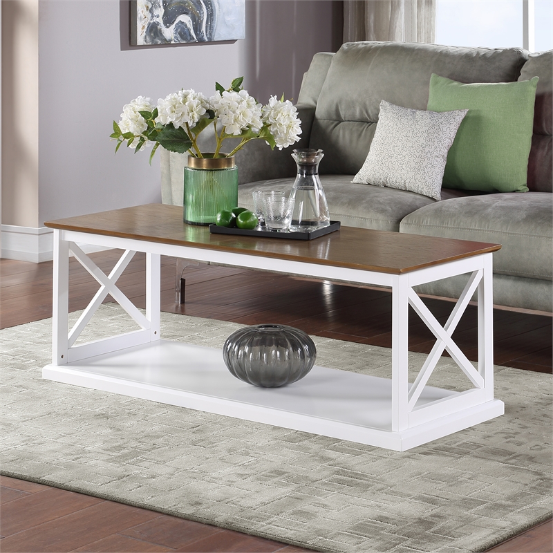 Pemberly Row Coffee Table with Shelf in White Wood Finish with Driftwood Top