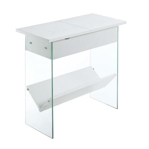 Pemberly Row Electric Flip Top End Table in White Wood Finish and Clear Glass
