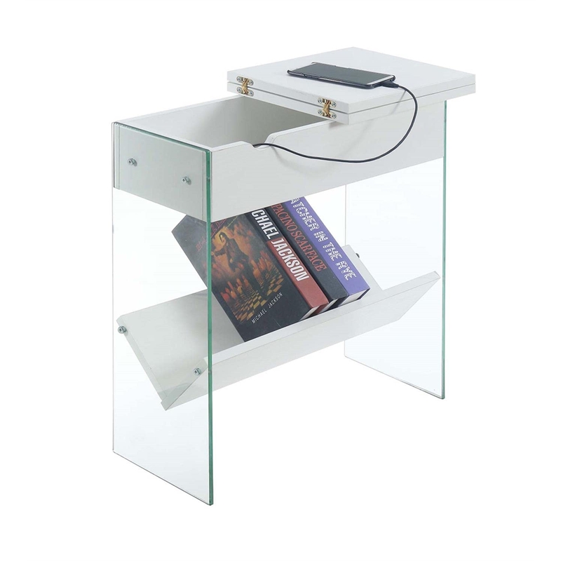 Pemberly Row Electric Flip Top End Table in White Wood Finish and Clear Glass