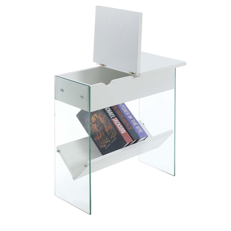 Pemberly Row Electric Flip Top End Table in White Wood Finish and Clear Glass