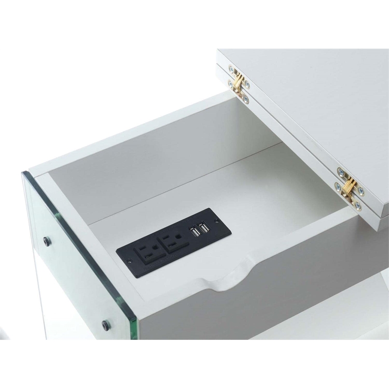 Pemberly Row Electric Flip Top End Table in White Wood Finish and Clear Glass