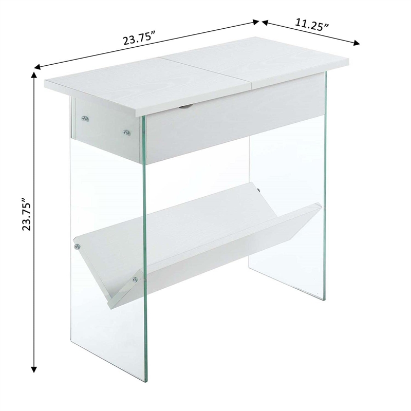 Pemberly Row Electric Flip Top End Table in White Wood Finish and Clear Glass