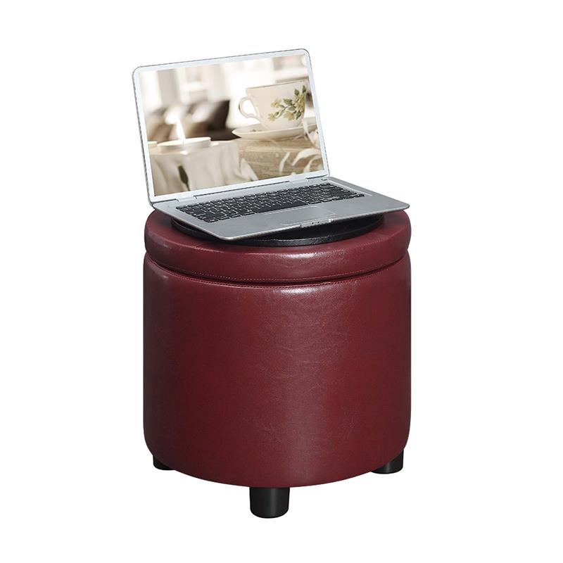 Pemberly Row Round Accent Storage Ottoman in Burgundy Red Faux Leather Finish