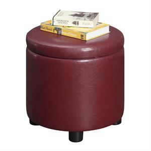 Pemberly Row Round Accent Storage Ottoman in Burgundy Red Faux Leather Finish