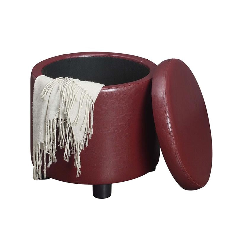 Pemberly Row Round Accent Storage Ottoman in Burgundy Red Faux Leather Finish