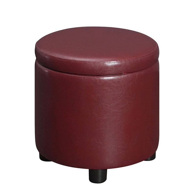 Pemberly Row Round Accent Storage Ottoman in Burgundy Red Faux Leather Finish