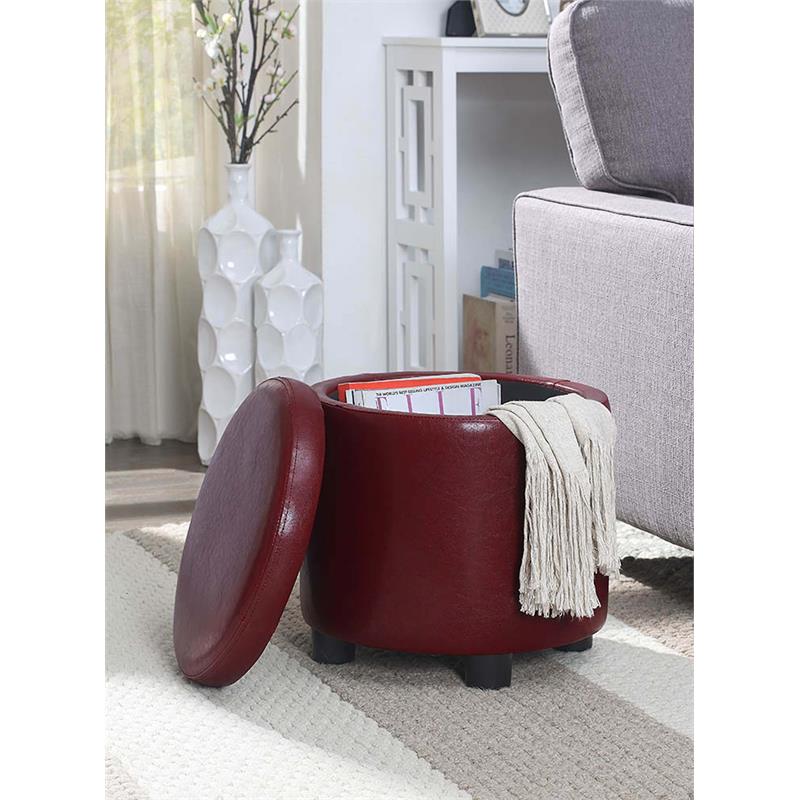 Pemberly Row Round Accent Storage Ottoman in Burgundy Red Faux Leather Finish