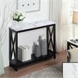 Pemberly Row Console Table with Shelf in White Faux Marble and Black Wood Top