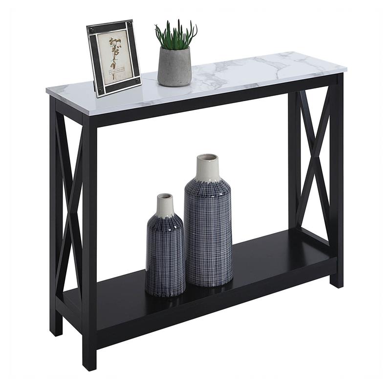 Pemberly Row Console Table with Shelf in White Faux Marble and Black Wood Top