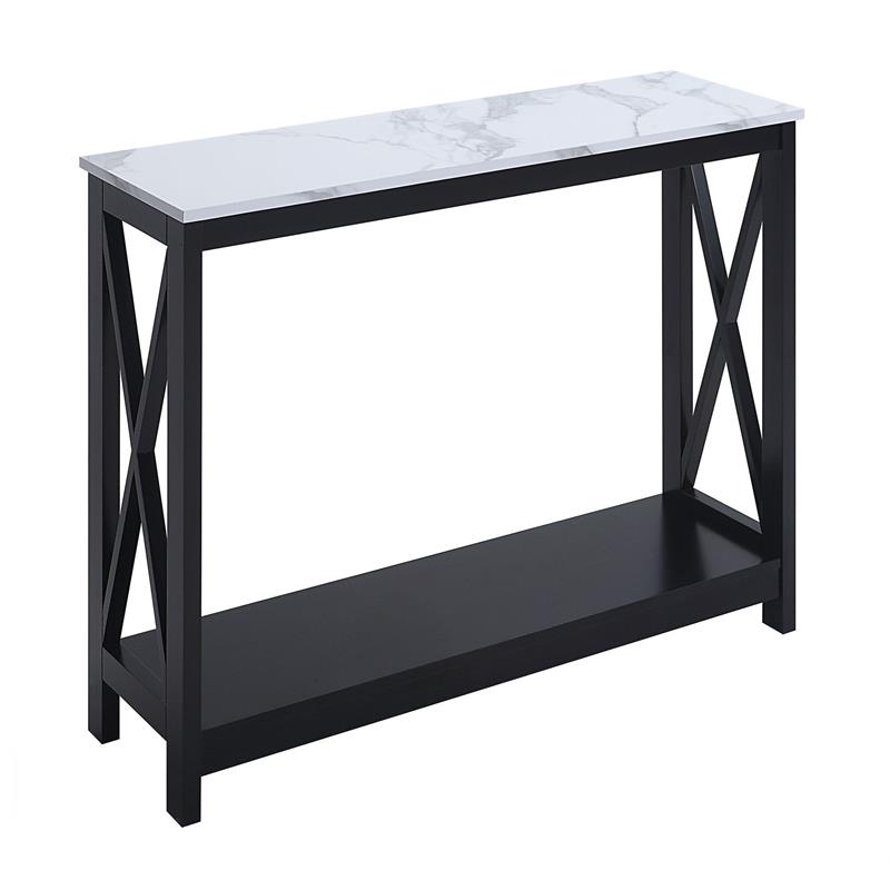 Pemberly Row Console Table with Shelf in White Faux Marble and Black Wood Top