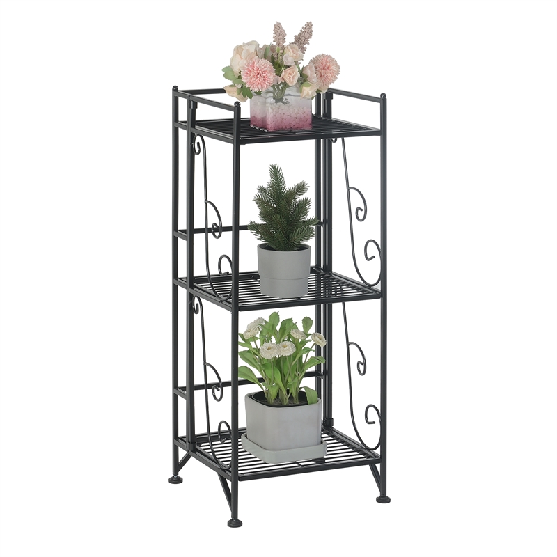 Pemberly Row Three-Tier Folding Metal Shelf with Scroll Design in Black Metal