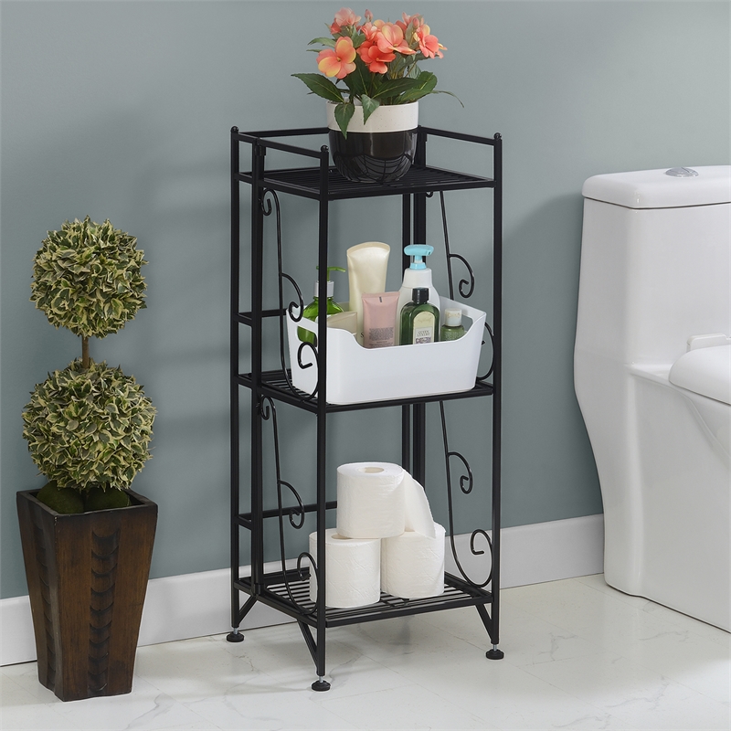 Pemberly Row Three-Tier Folding Metal Shelf with Scroll Design in Black Metal