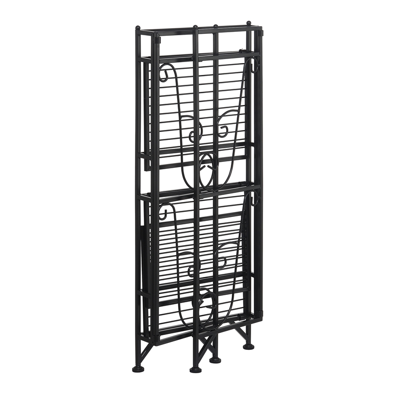 Pemberly Row Three-Tier Folding Metal Shelf with Scroll Design in Black Metal