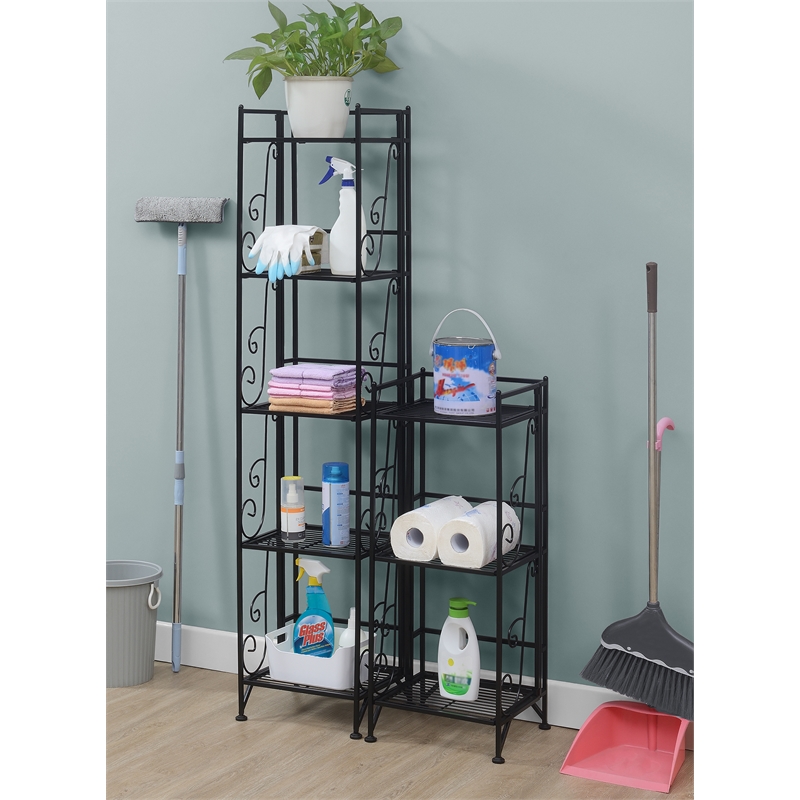 Pemberly Row Three-Tier Folding Metal Shelf with Scroll Design in Black Metal