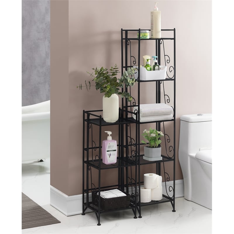Pemberly Row Three-Tier Folding Metal Shelf with Scroll Design in Black Metal