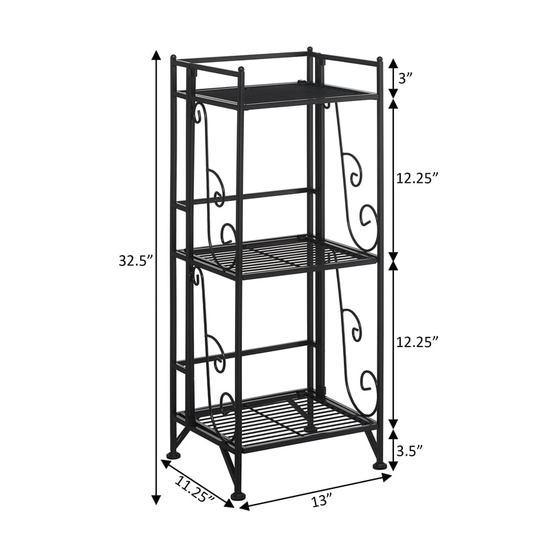 Pemberly Row Three-Tier Folding Metal Shelf with Scroll Design in Black Metal