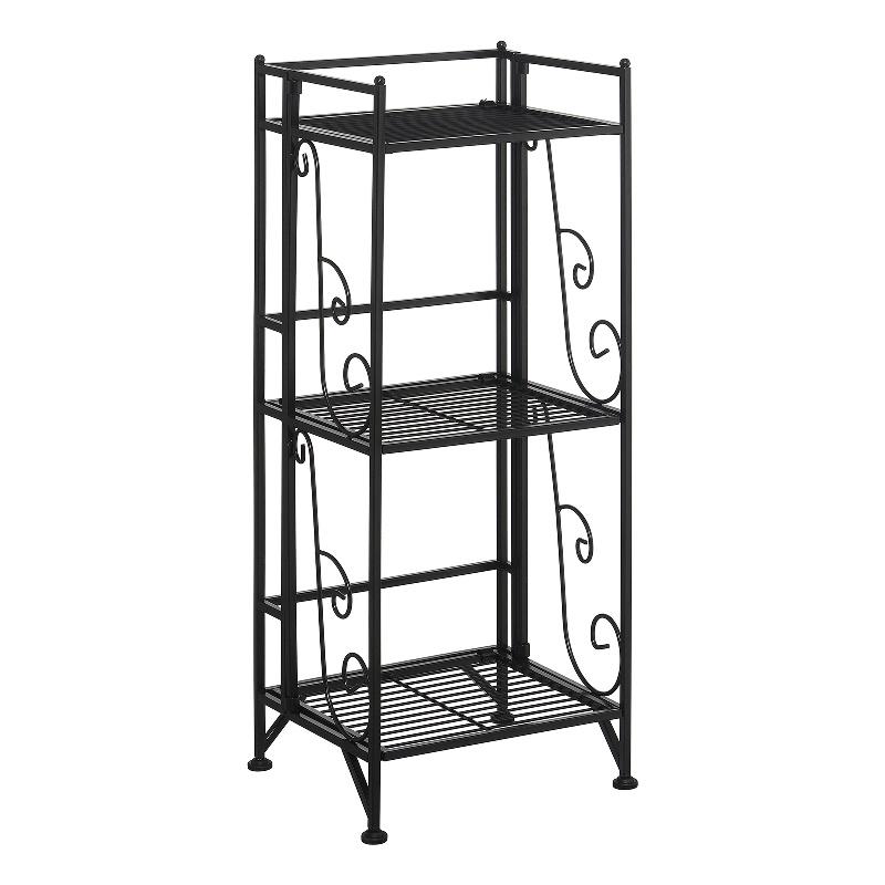 Pemberly Row Three-Tier Folding Metal Shelf with Scroll Design in Black Metal