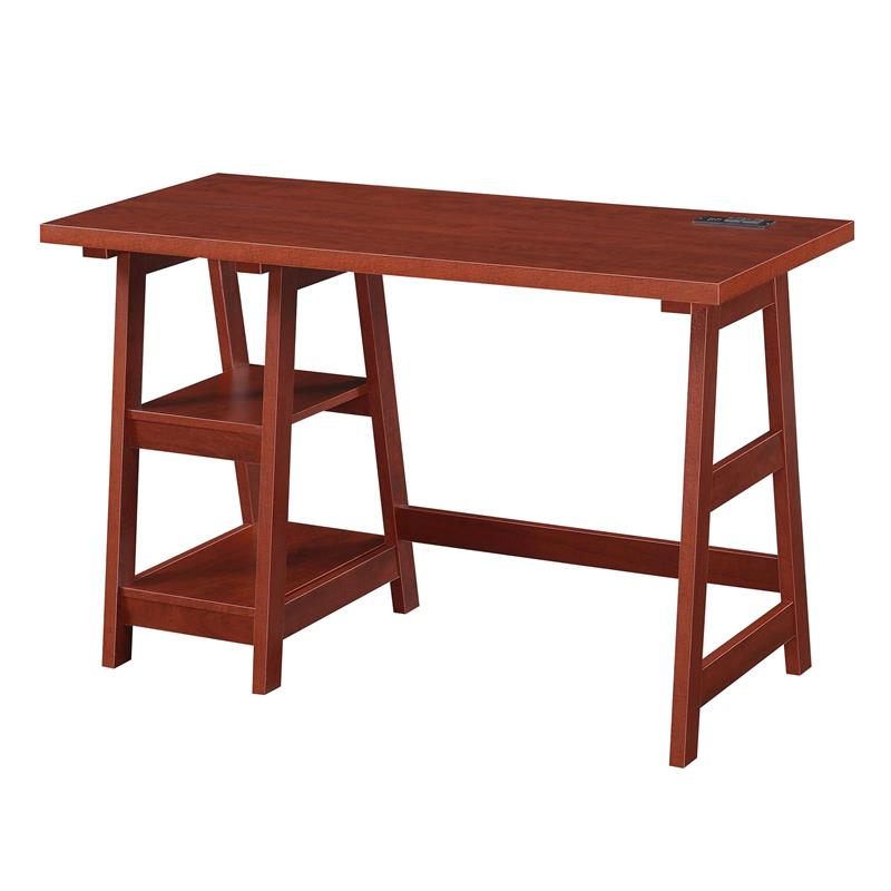 Pemberly Row Trestle Desk w/ Charging Station in Cherry Wood Finish w/ Shelves