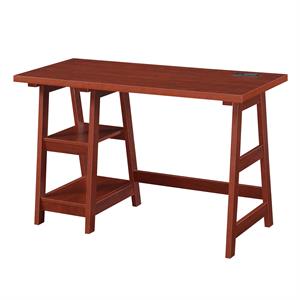 Pemberly Row Trestle Desk w/ Charging Station in Cherry Wood Finish w/ Shelves