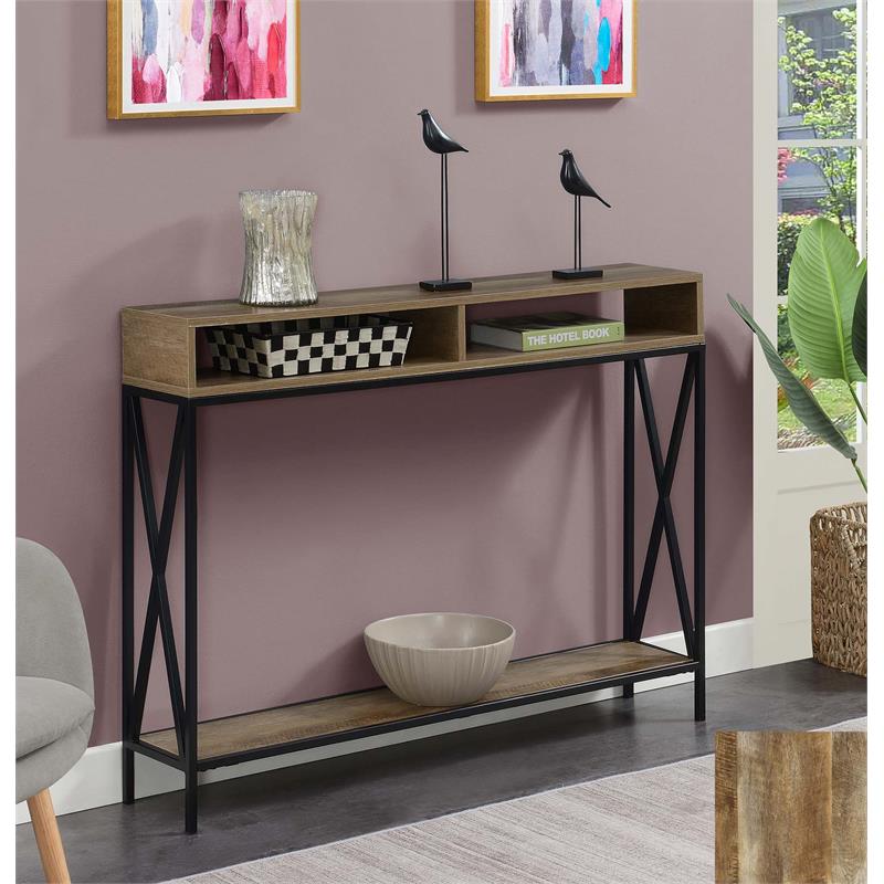 Pemberly Row Deluxe Console Table w/ Shelf in Nutmeg Wood w/ Black Metal Frame