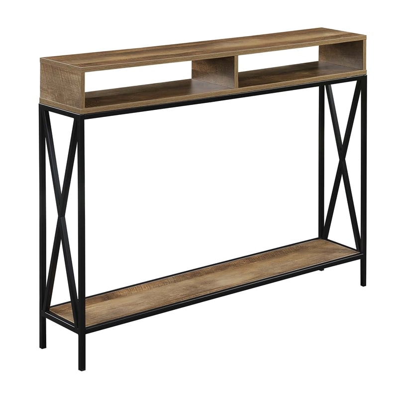 Pemberly Row Deluxe Console Table w/ Shelf in Nutmeg Wood w/ Black Metal Frame