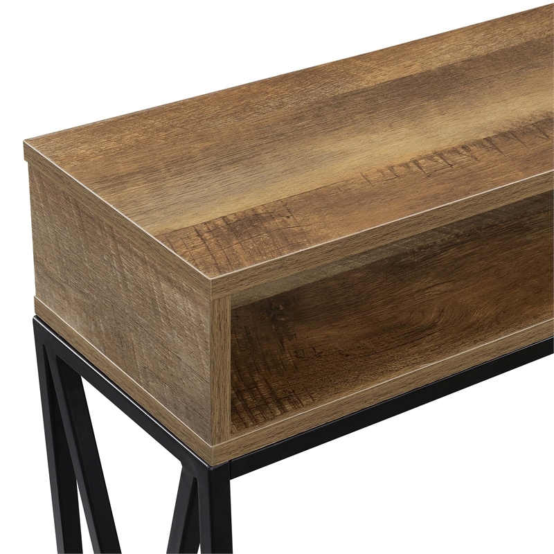 Pemberly Row Deluxe Console Table w/ Shelf in Nutmeg Wood w/ Black Metal Frame